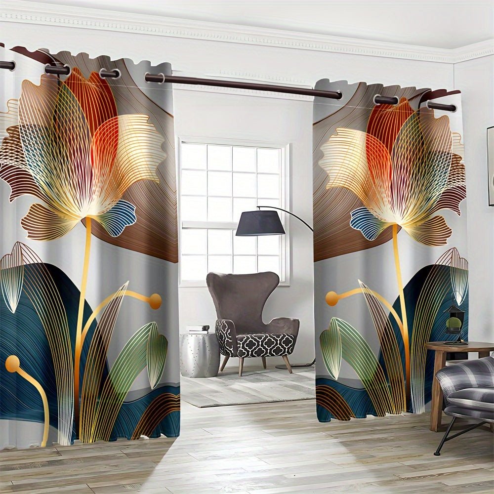 2pcs, Abstract Floral Golden Line Modern Floral Digital Printed Curtain Living Room Curtains, Grommet Top Curtains For Living Room Furniture Decoration Home Decor